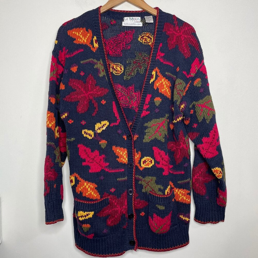 Le Moda Knitwear Hand Loomed Sweater Cardigan Leaves Fall Autumn Cottage Core - Picture 2 of 15